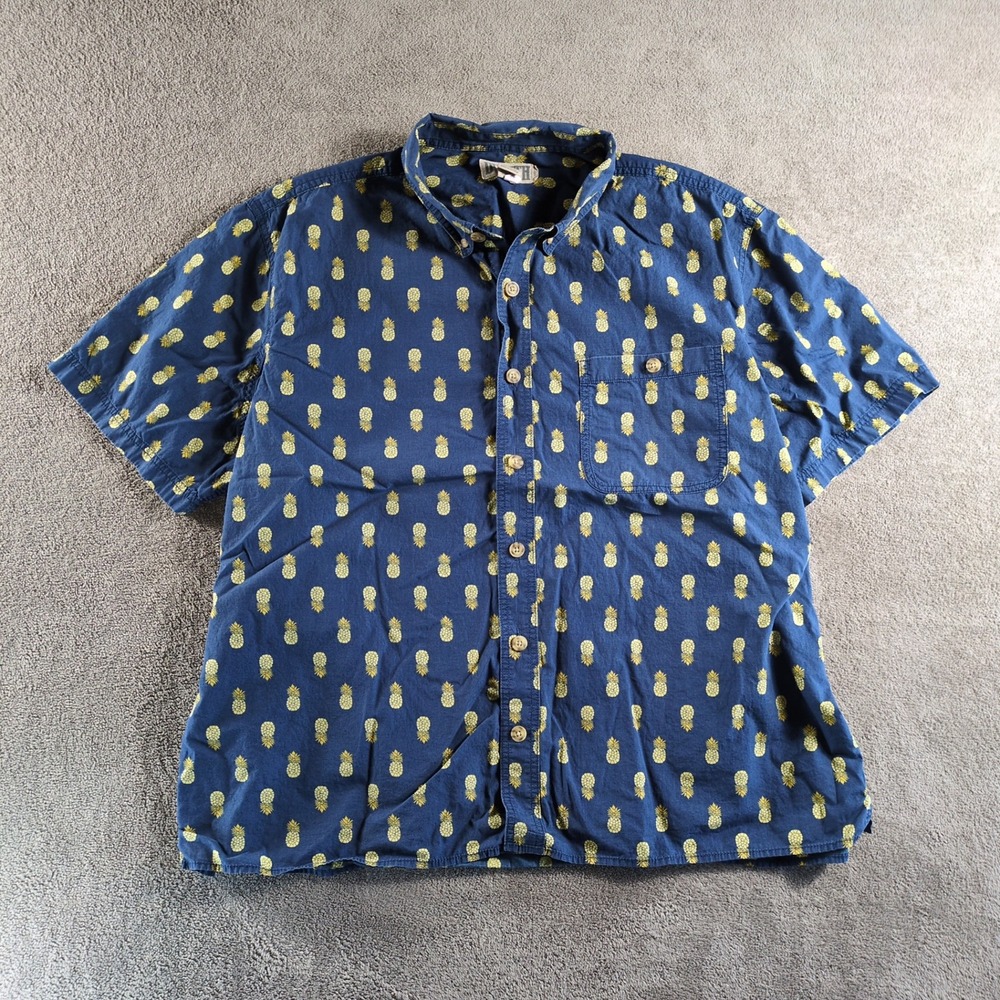 Duluth Trading Co Mens 2XL Short Sleeve Button Up Shirt Navy‎ Pineapple Print